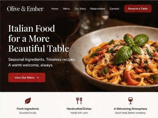 Olive & Ember website design concept for a restaurant business